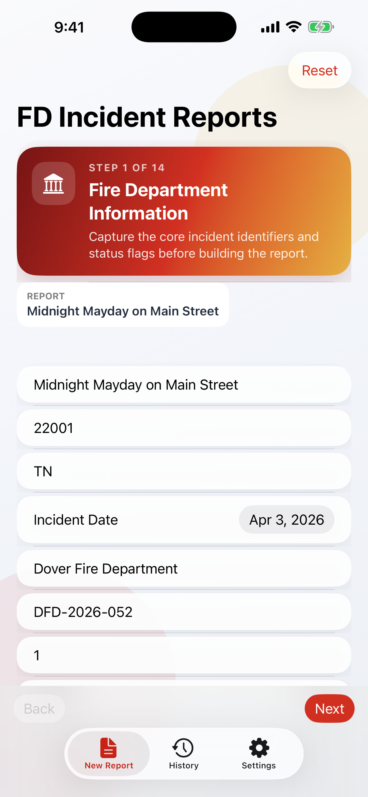 FD Incident Reports department information screen