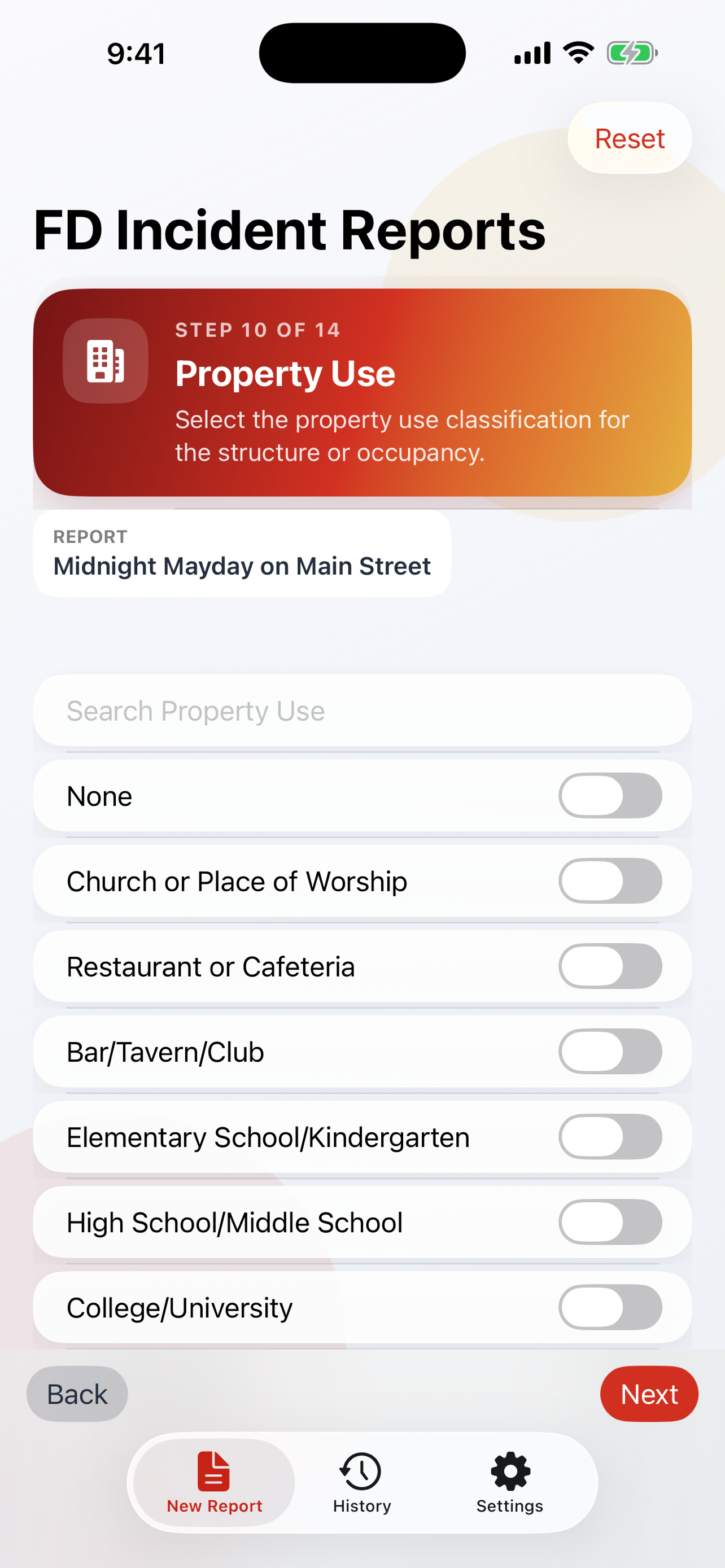 FD Incident Reports property use screen