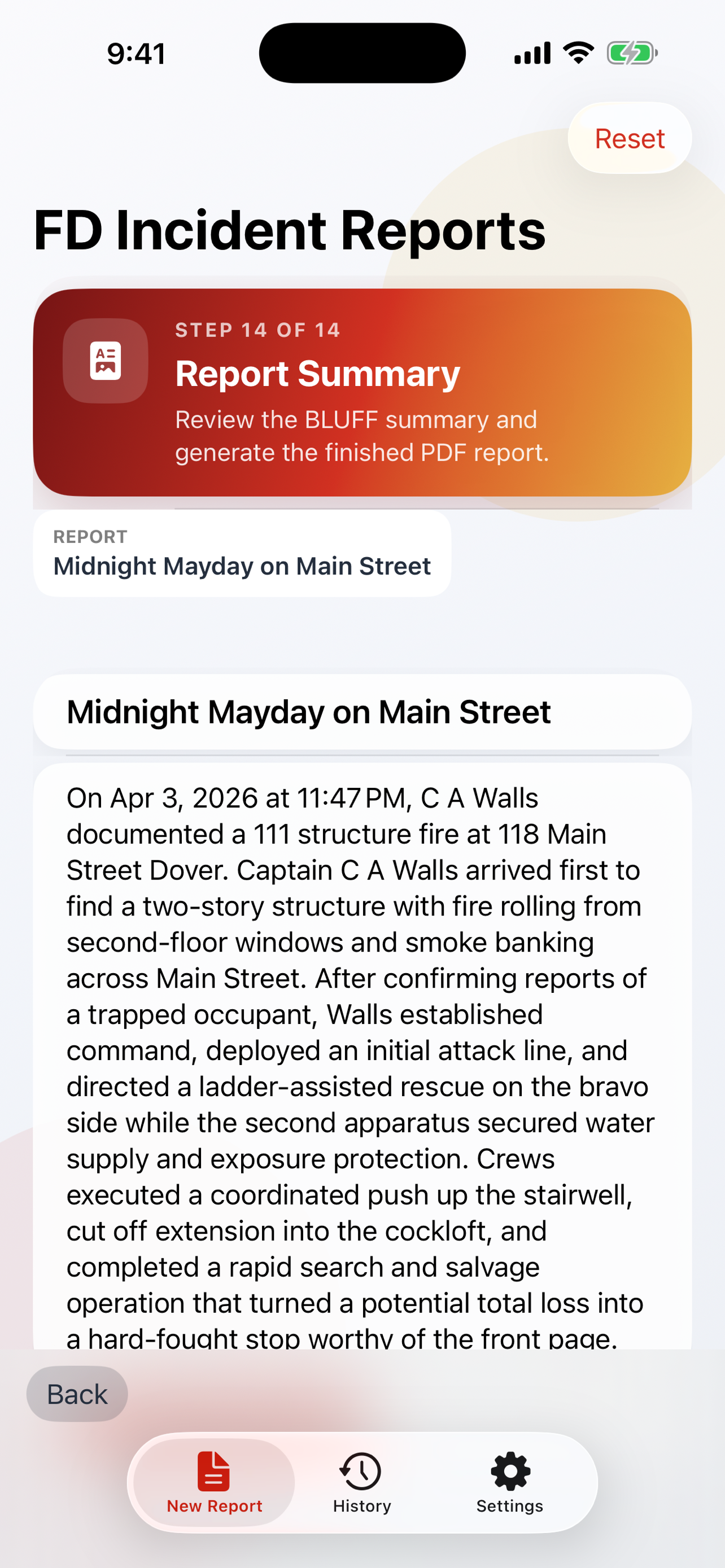 FD Incident Reports report summary screen