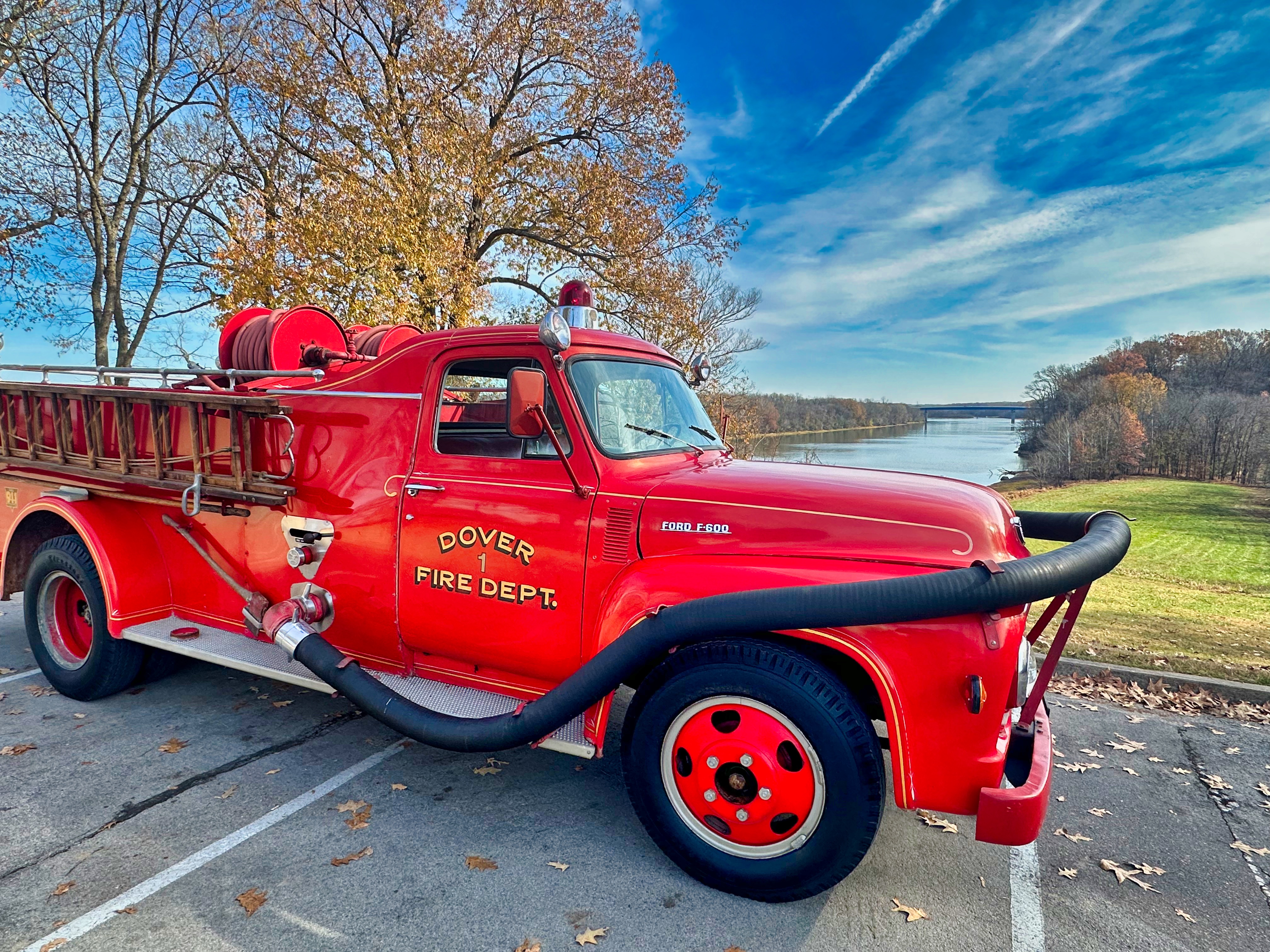 Vintage Dover fire engine beside the water