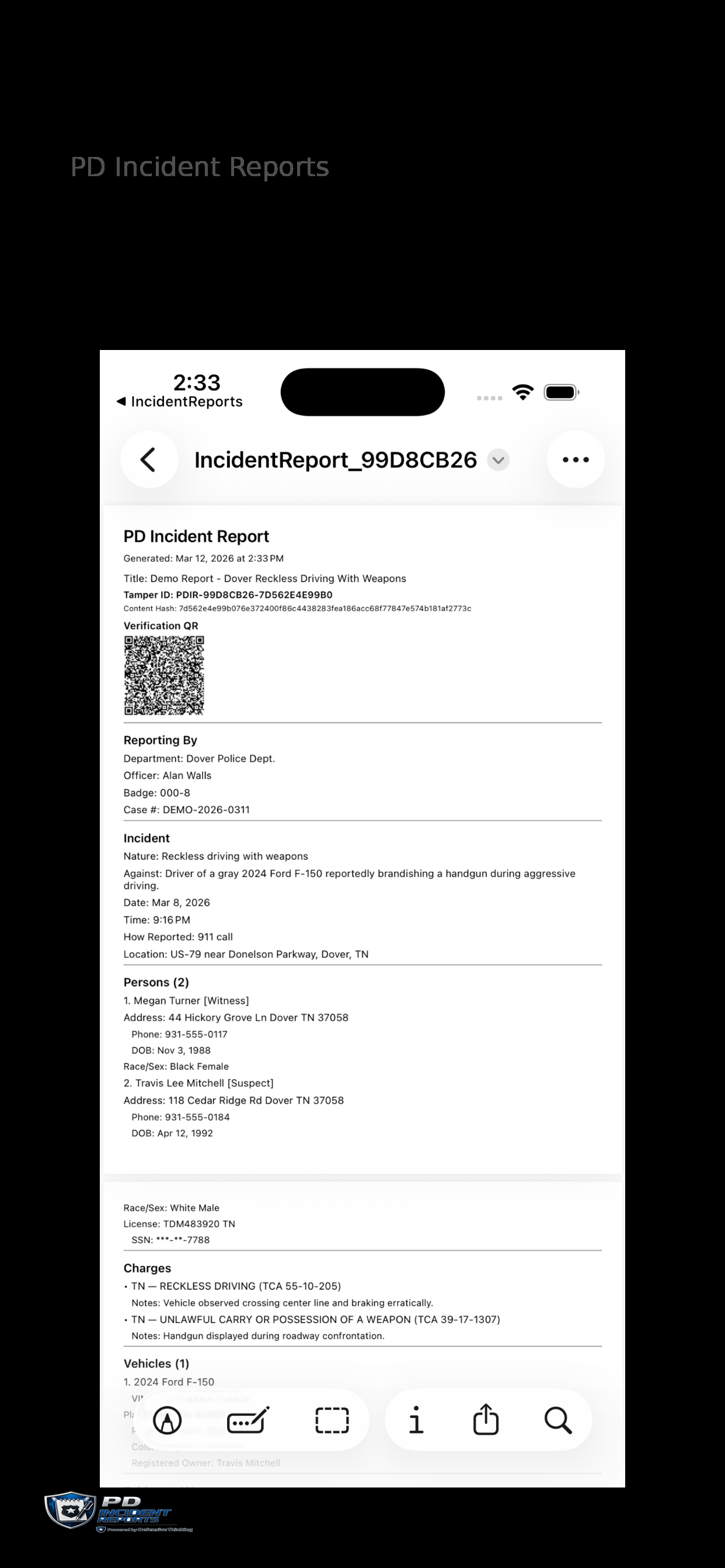 PD Incident Reports PDF export screen
