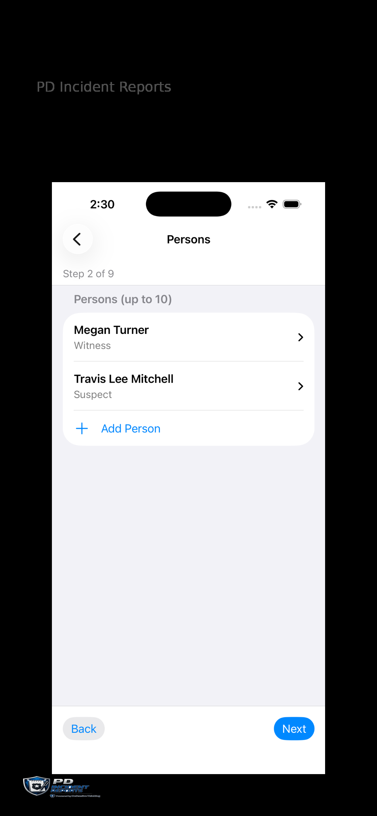 PD Incident Reports persons list screen