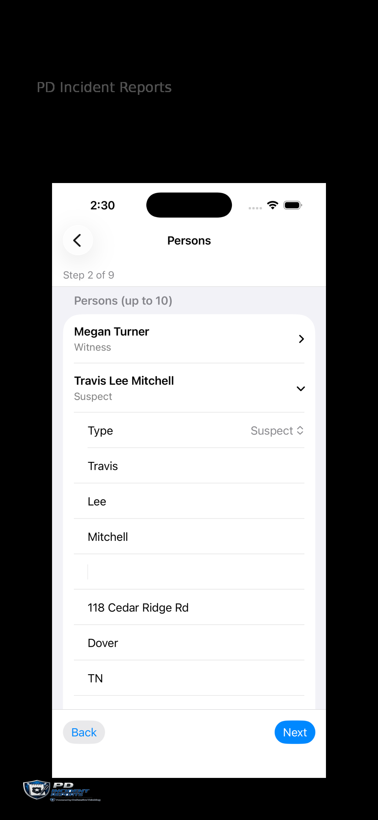 PD Incident Reports person detail screen