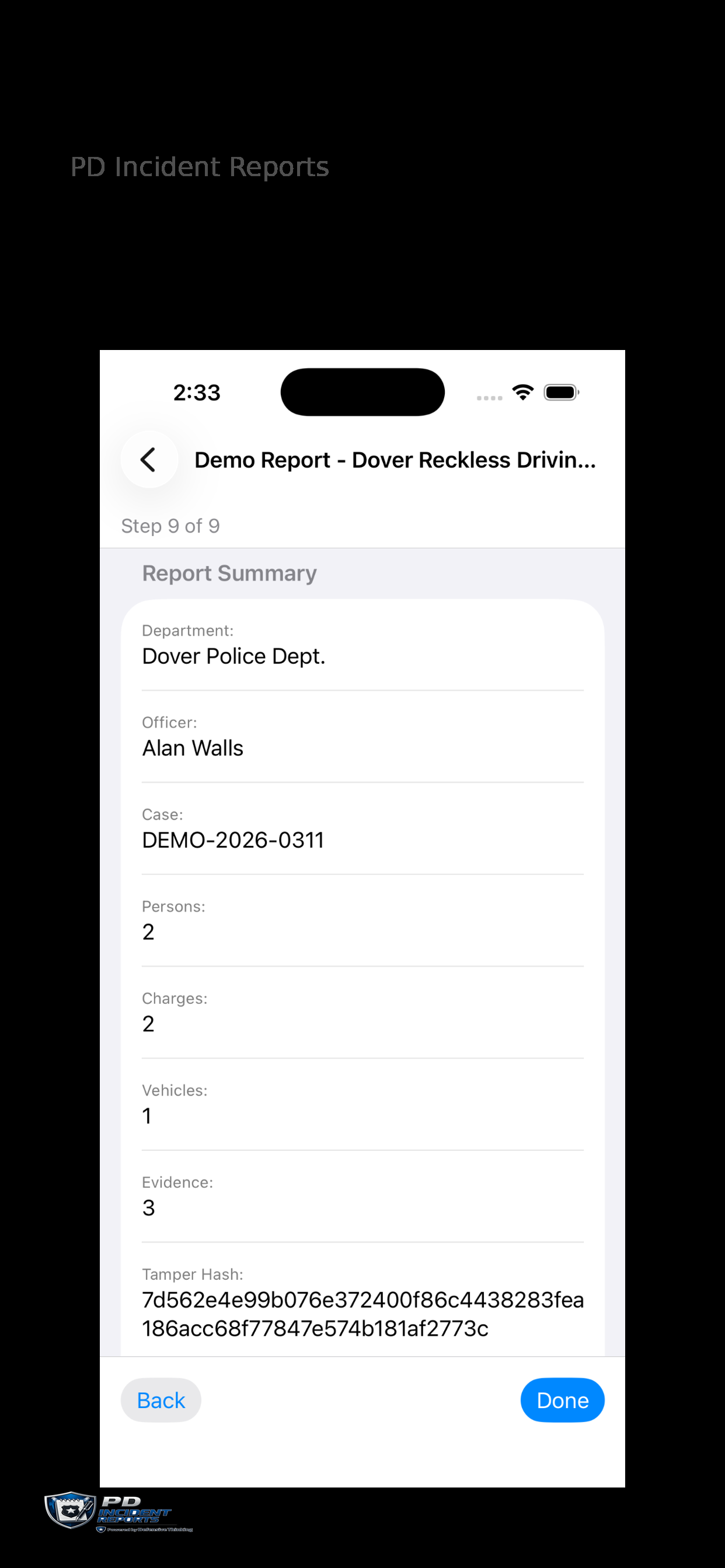 PD Incident Reports report summary screen